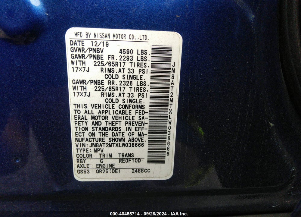 2020 NISSAN ROGUE S FWD VIN: JN8AT2MTXLW036666