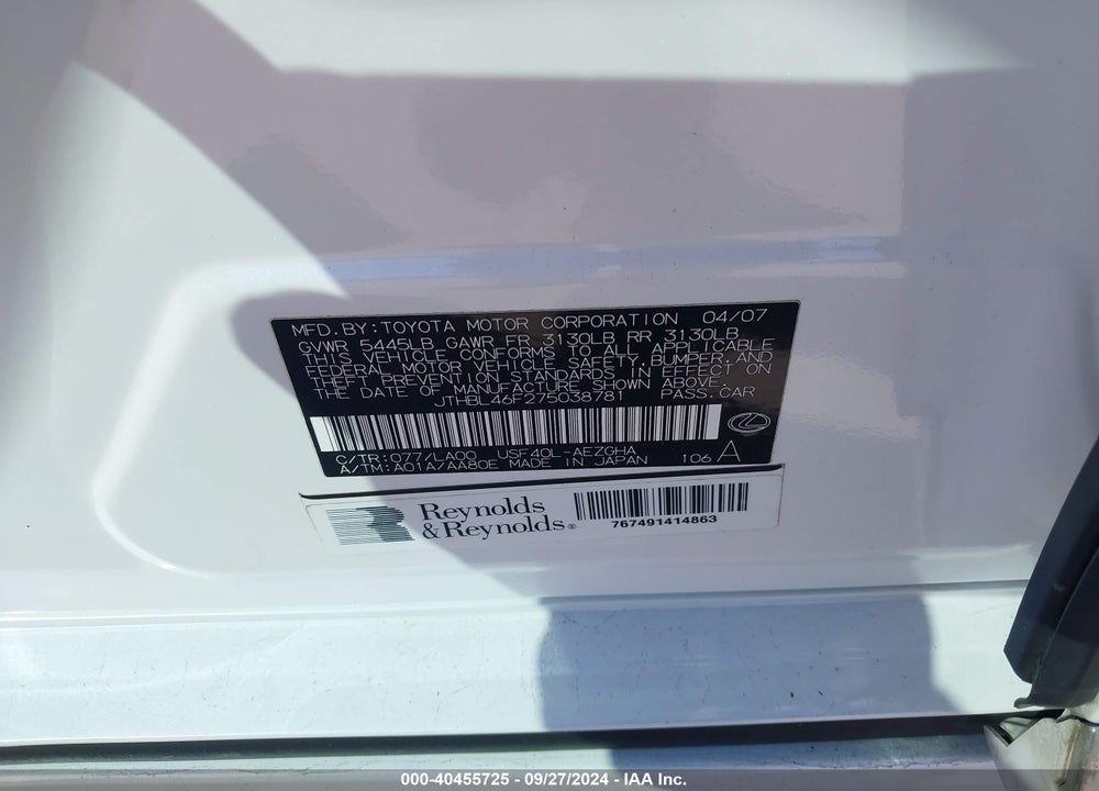 2007 LEXUS LS 460 VIN: JTHBL46F275038781