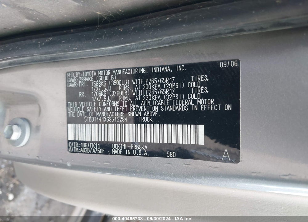 2006 TOYOTA TUNDRA SR5 V8 VIN: 5TBDT441X6S545284