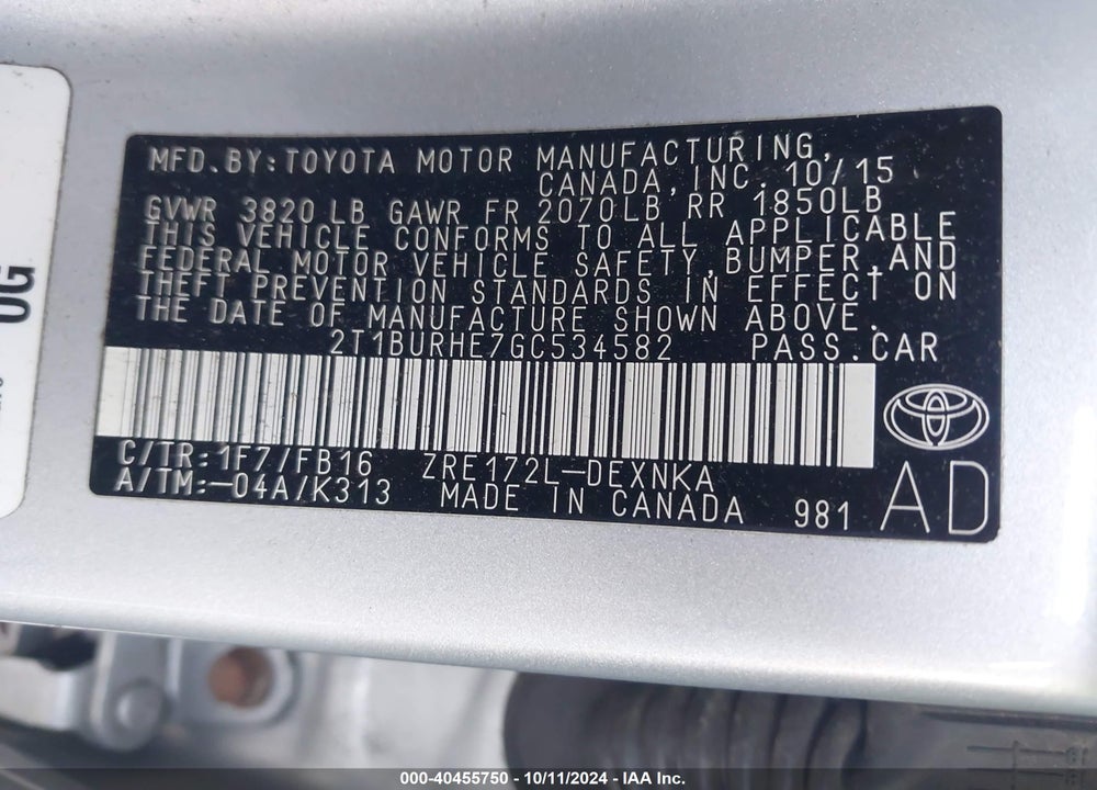 2016 TOYOTA COROLLA LE VIN: 2T1BURHE7GC534582