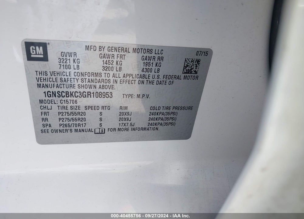 2016 CHEVROLET TAHOE VIN: 1GNSCBKC3GR108953