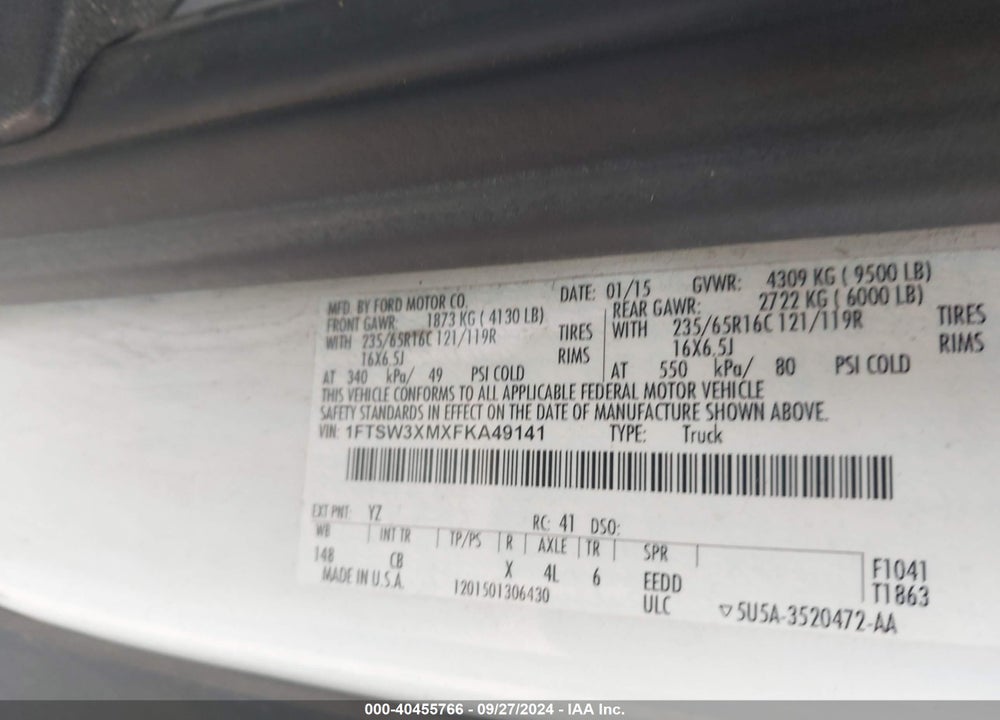 2015 FORD TRANSIT-350 VIN: 1FTSW3XMXFKA49141