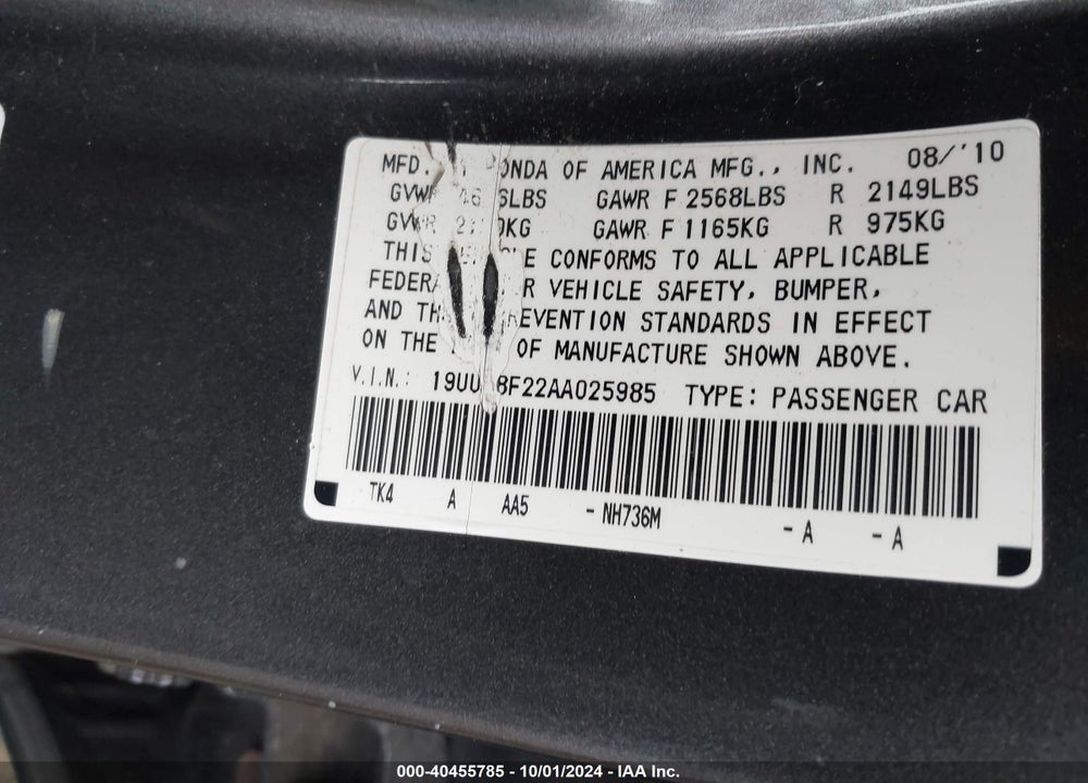 2010 ACURA TL 3.5 VIN: 19UUA8F22AA025985