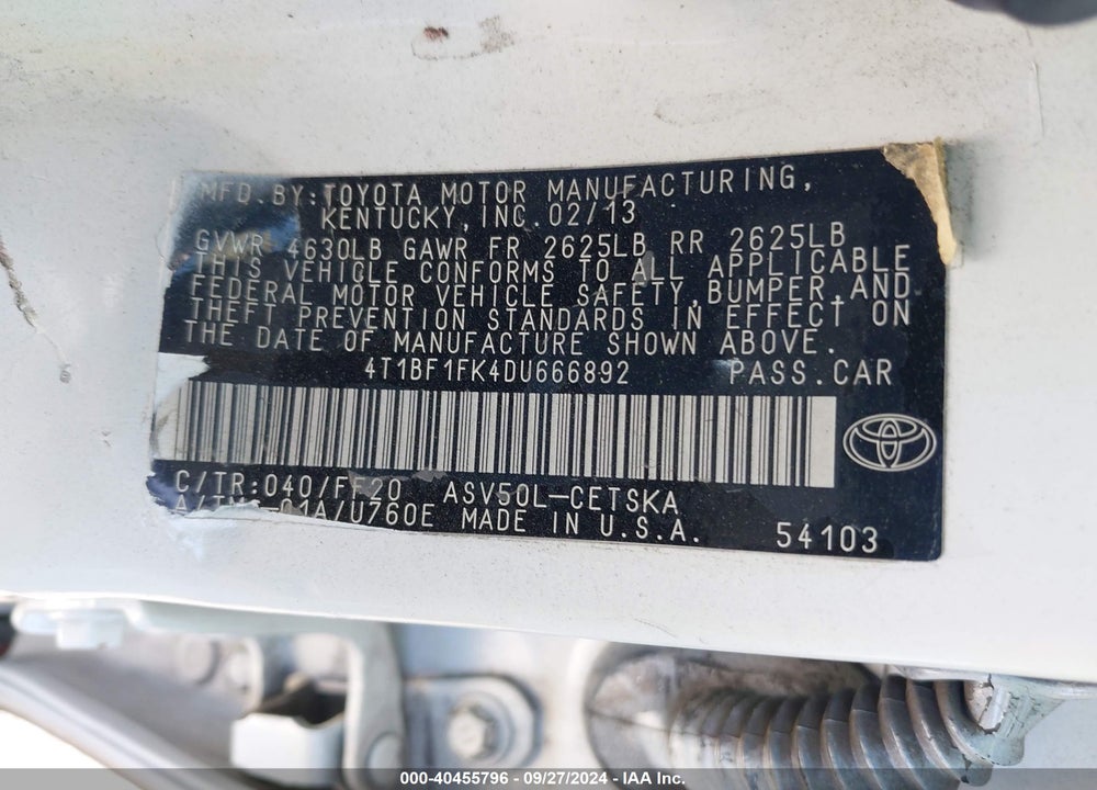 2013 TOYOTA CAMRY SE VIN: 4T1BF1FK4DU666892