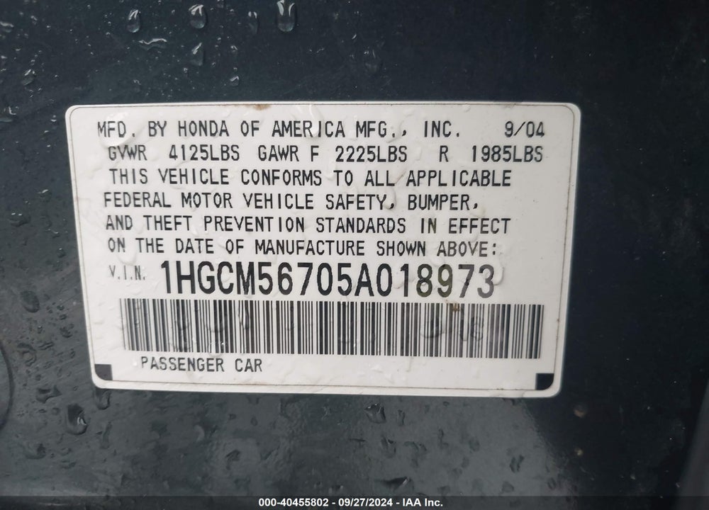2005 HONDA ACCORD 2.4 EX VIN: 1HGCM56705A018973