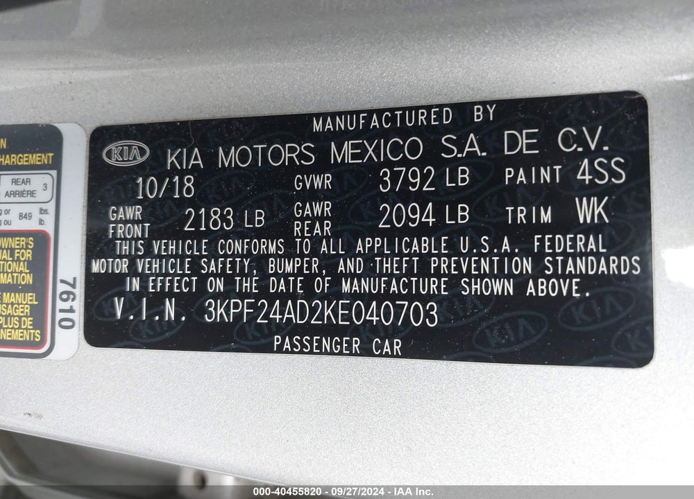 2019 KIA FORTE LXS VIN: 3KPF24AD2KE040703