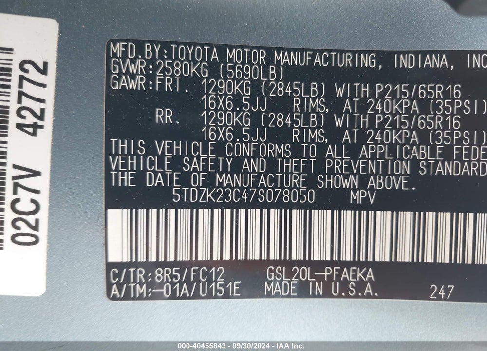 2007 TOYOTA SIENNA LE VIN: 5TDZK23C47S078050