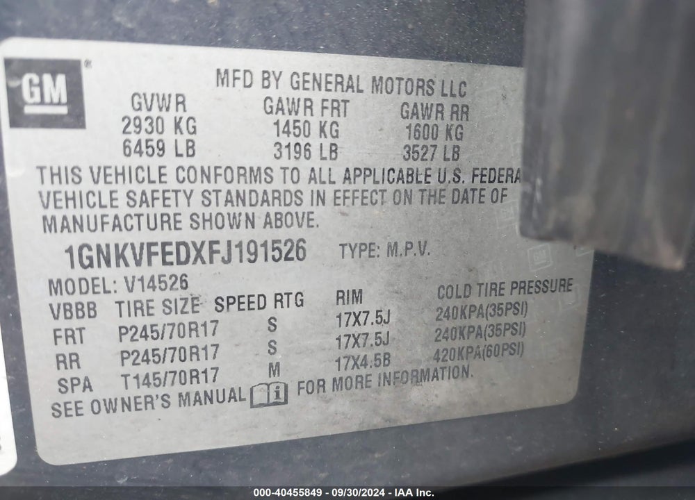 2015 CHEVROLET TRAVERSE LS VIN: 1GNKVFEDXFJ191526
