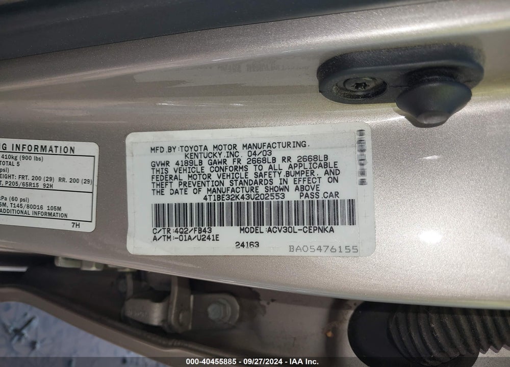 2003 TOYOTA CAMRY LE VIN: 4T1BE32K43U202553