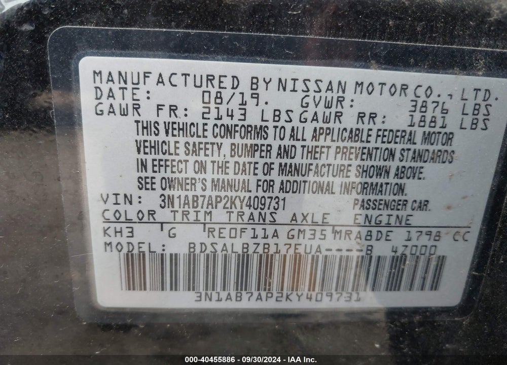 2019 NISSAN SENTRA S VIN: 3N1AB7AP2KY409731