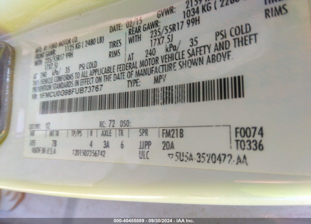 2015 FORD ESCAPE SE VIN: 1FMCU0G98FUB73767