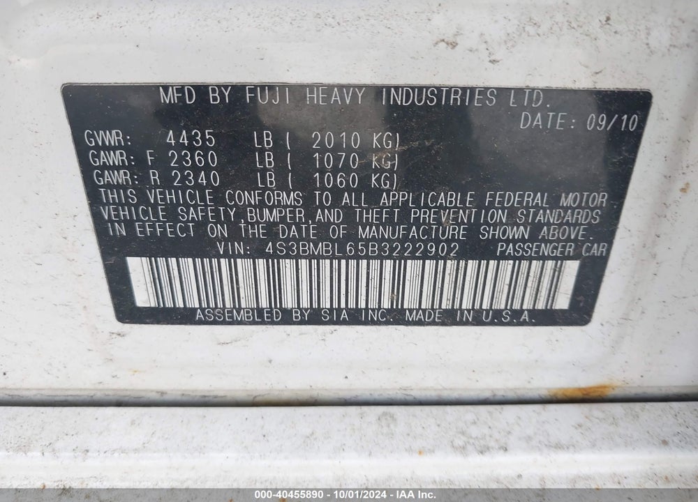 2011 SUBARU LEGACY 2.5I LIMITED VIN: 4S3BMBL65B3222902