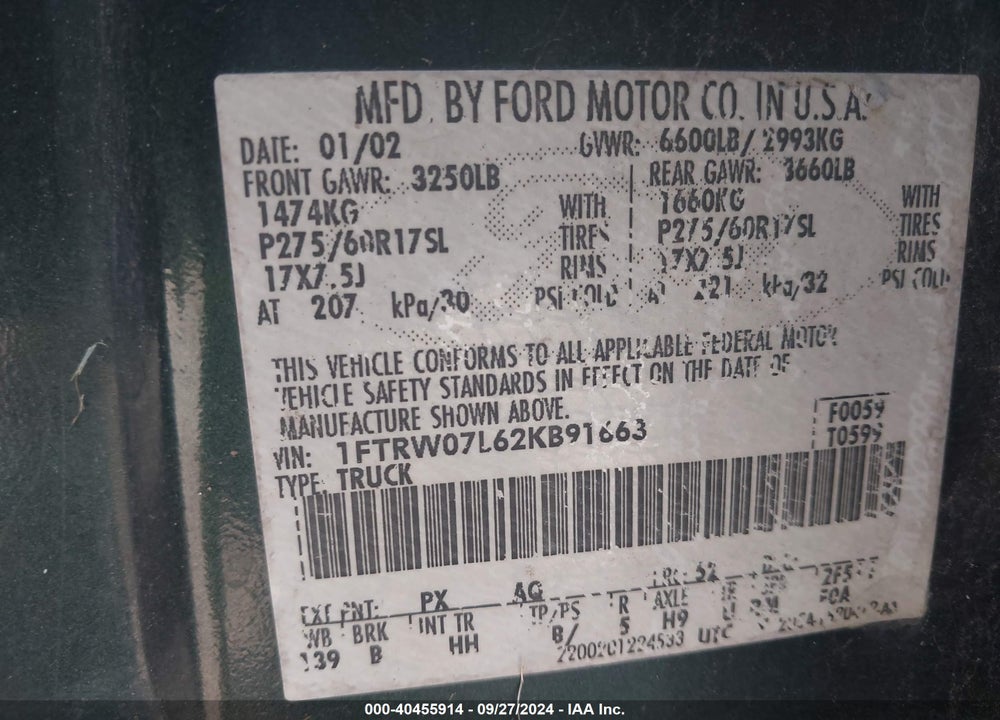 2002 FORD F-150 LARIAT/XLT VIN: 1FTRW07L62KB91663