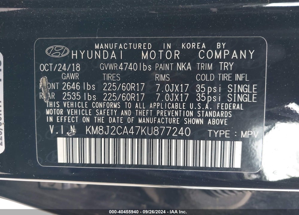 2019 HYUNDAI TUCSON SE VIN: KM8J2CA47KU877240