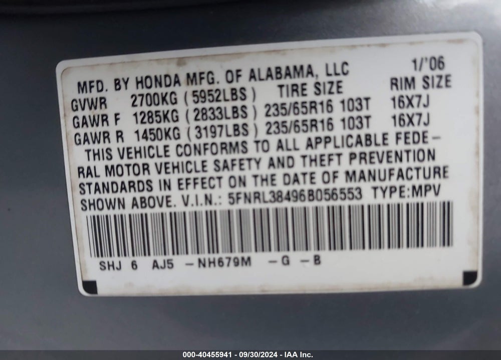 2006 HONDA ODYSSEY EX VIN: 5FNRL38496B056553