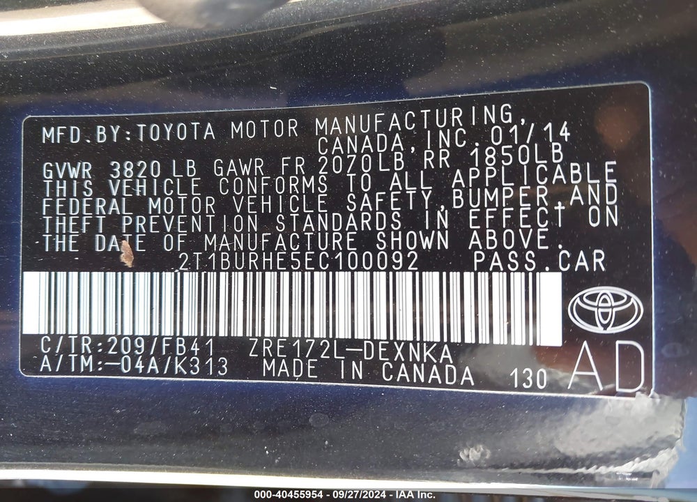 2014 TOYOTA COROLLA LE VIN: 2T1BURHE5EC100092