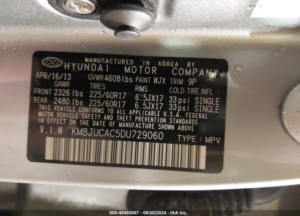 2013 HYUNDAI TUCSON GLS VIN: KM8JUCAC5DU729060