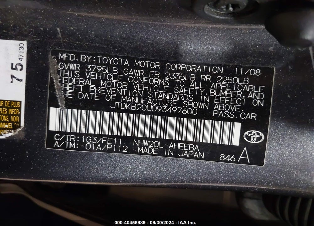 2009 TOYOTA PRIUS VIN: JTDKB20U093497600