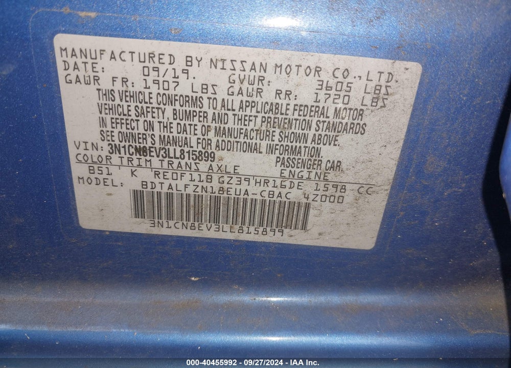 2020 NISSAN VERSA SV XTRONIC CVT VIN: 3N1CN8EV3LL815899