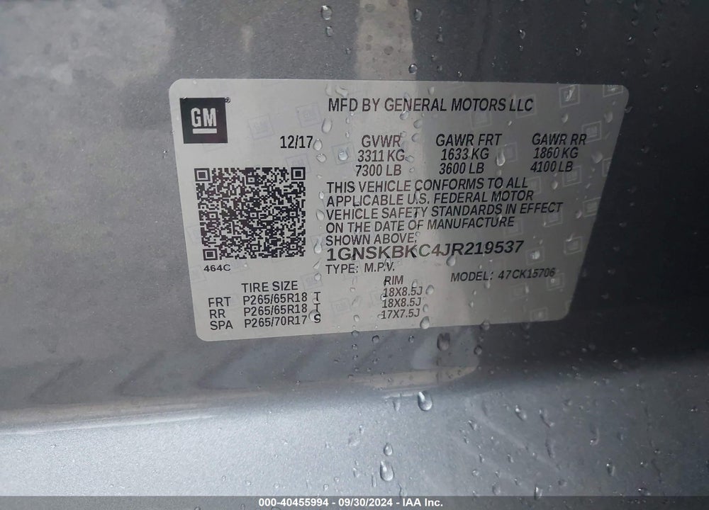 2018 CHEVROLET TAHOE LT VIN: 1GNSKBKC4JR219537