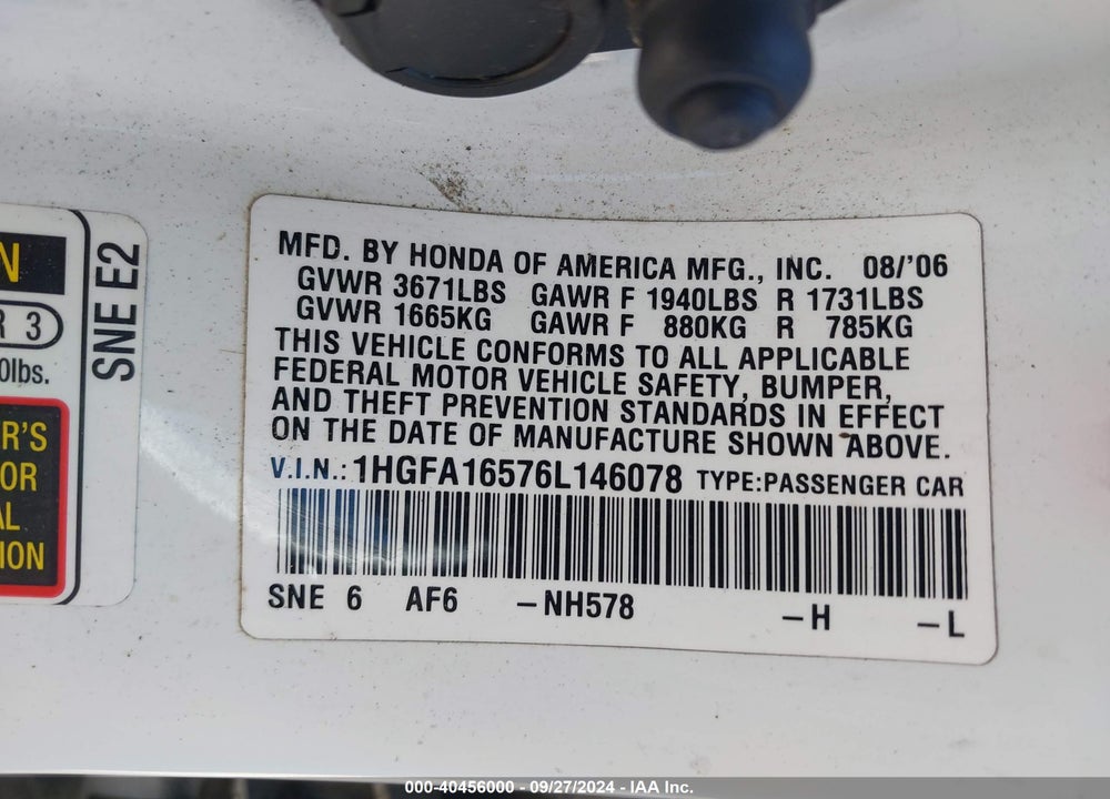 2006 HONDA CIVIC LX VIN: 1HGFA16576L146078