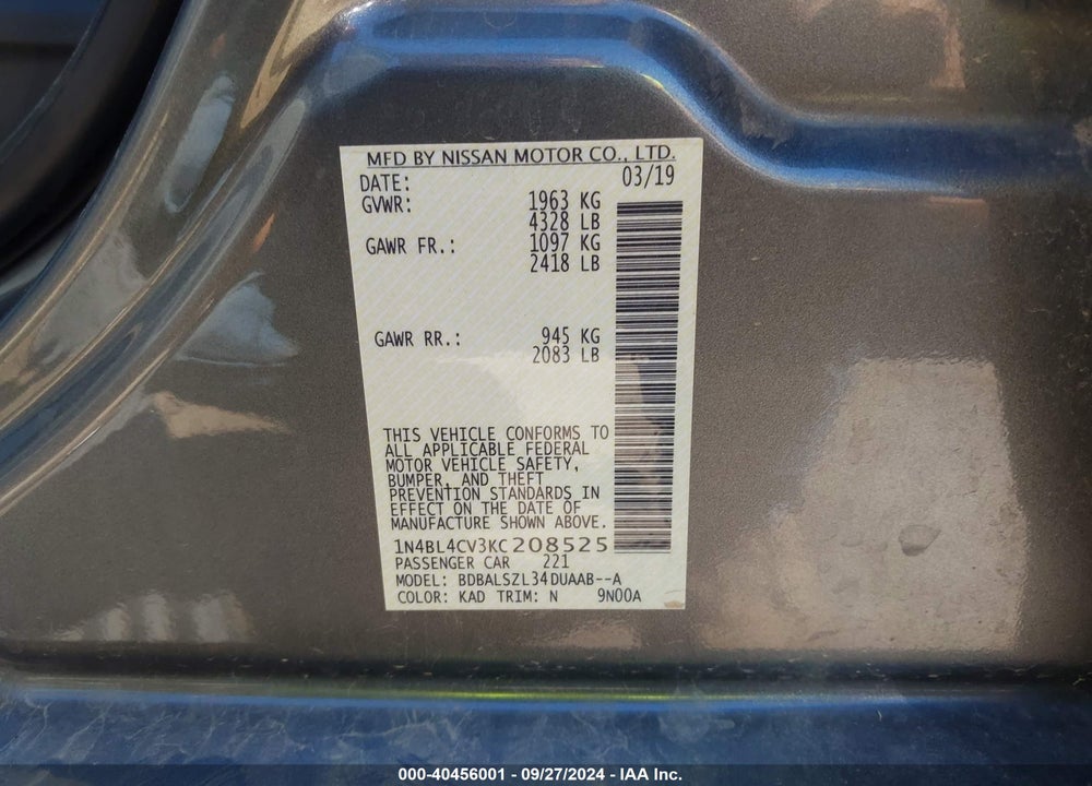 2019 NISSAN ALTIMA 2.5 SR VIN: 1N4BL4CV3KC208525