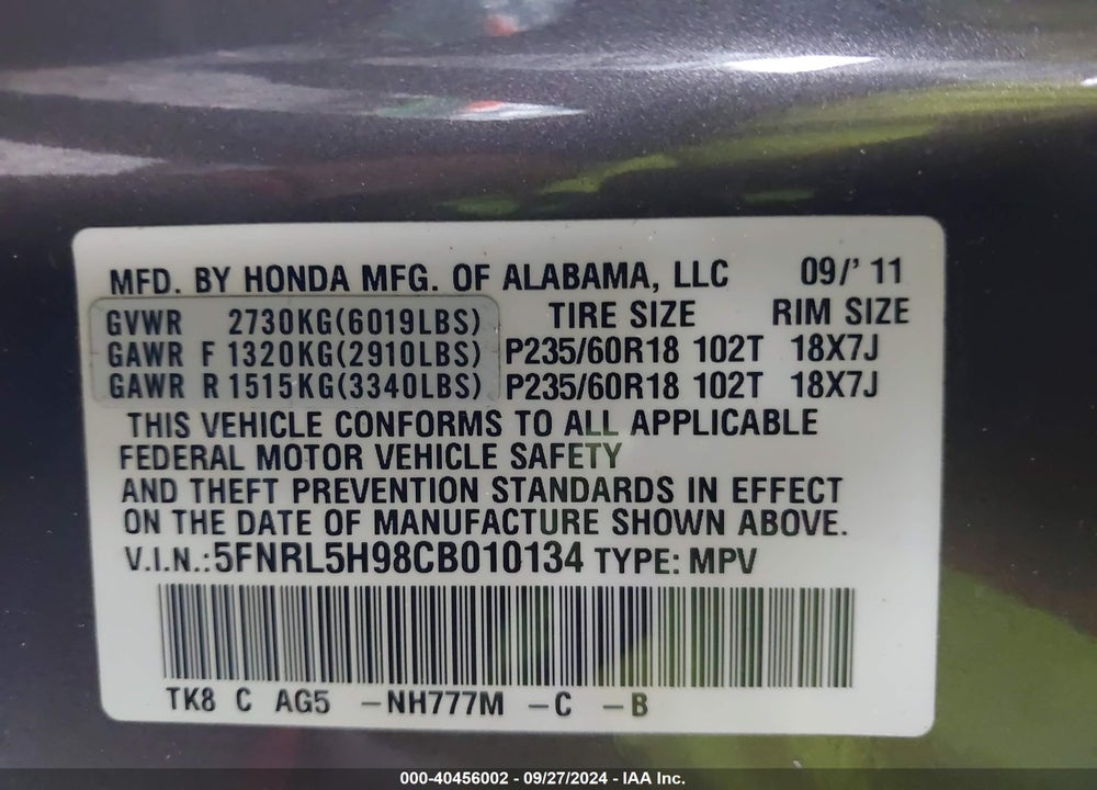 2012 HONDA ODYSSEY TOURING/TOURING ELITE VIN: 5FNRL5H98CB010134