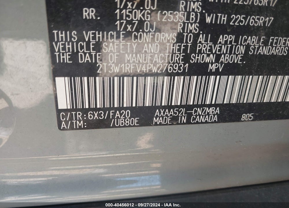 2023 TOYOTA RAV4 XLE VIN: 2T3W1RFV4PW276931