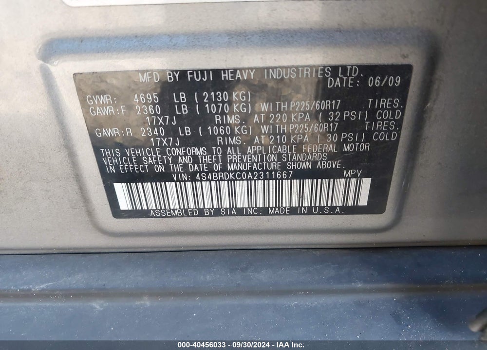 2010 SUBARU OUTBACK 3.6R LIMITED VIN: 4S4BRDKC0A2311667