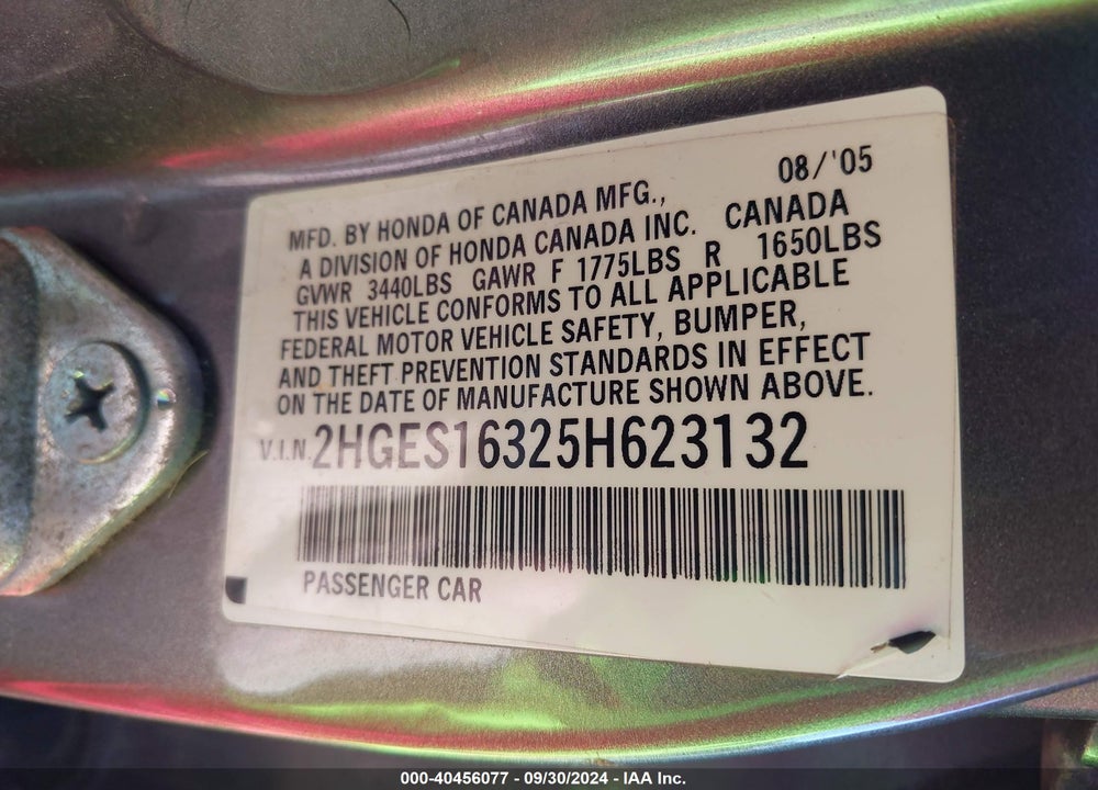 2005 HONDA CIVIC VP VIN: 2HGES16325H623132