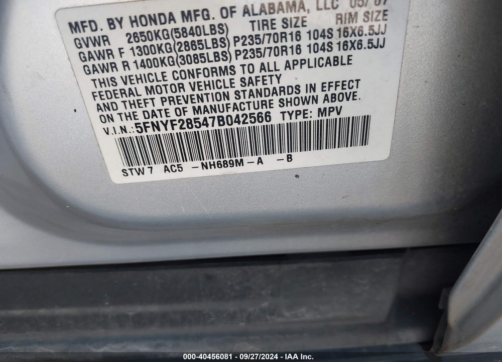 2007 HONDA PILOT EX-L VIN: 5FNYF28547B042566