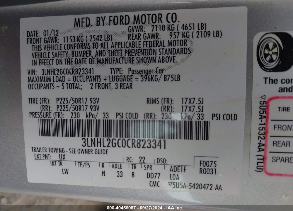 2012 LINCOLN MKZ VIN: 3LNHL2GC0CR823341