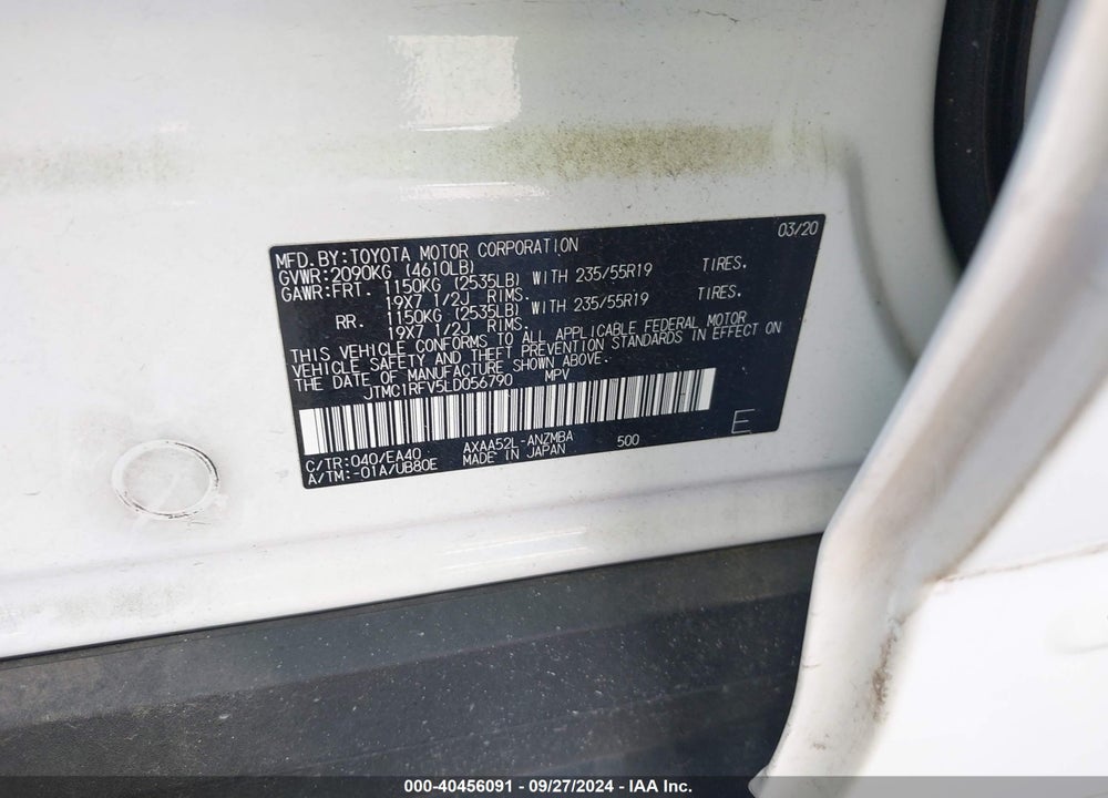 2020 TOYOTA RAV4 XLE PREMIUM VIN: JTMC1RFV5LD056790
