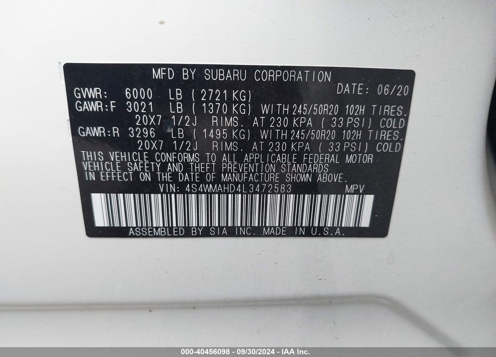 2020 SUBARU ASCENT PREMIUM VIN: 4S4WMAHD4L3472583