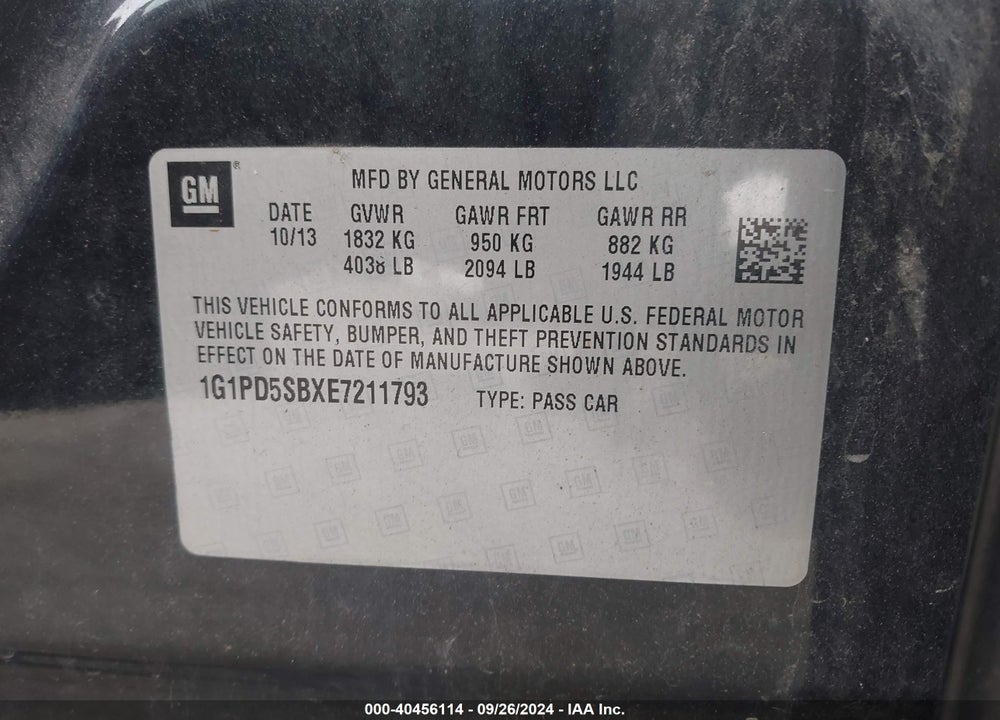 2014 CHEVROLET CRUZE 1LT MANUAL VIN: 1G1PD5SBXE7211793