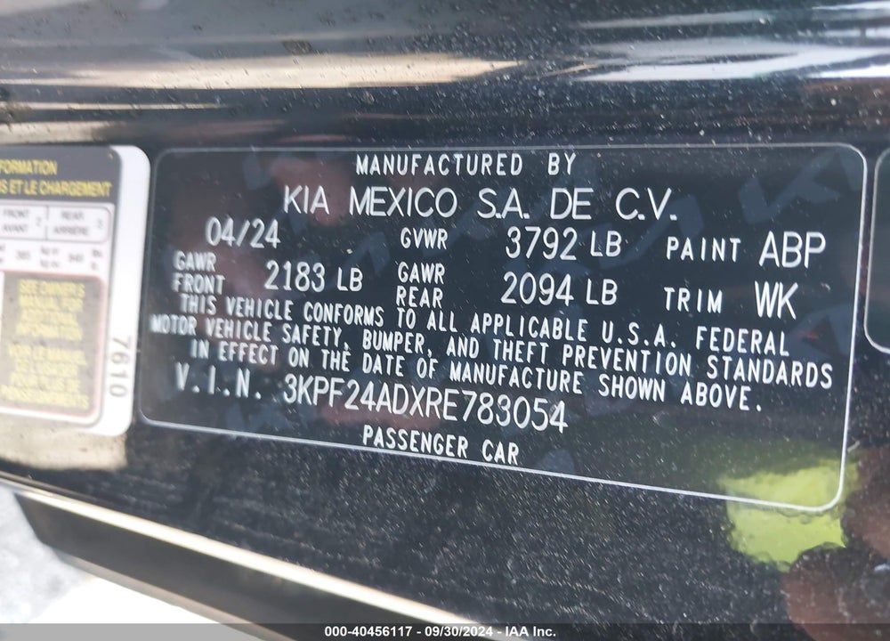 2024 KIA FORTE LXS VIN: 3KPF24ADXRE783054