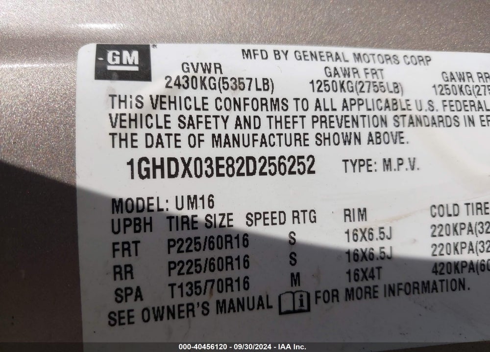 2002 OLDSMOBILE SILHOUETTE GLS VIN: 1GHDX03E82D256252