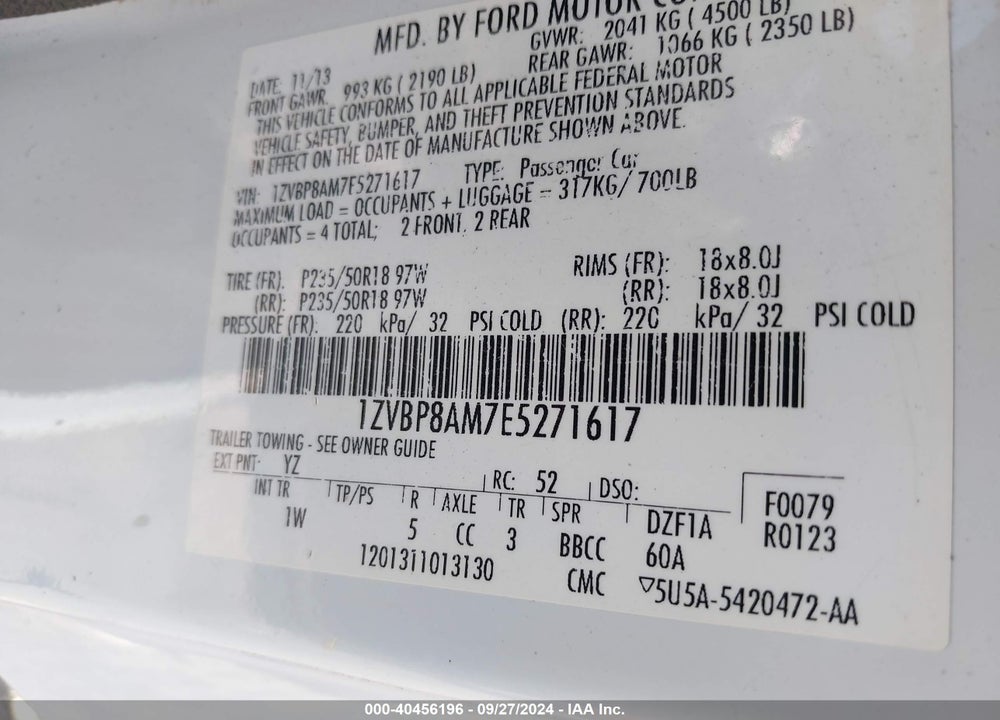 2014 FORD MUSTANG V6 VIN: 1ZVBP8AM7E5271617