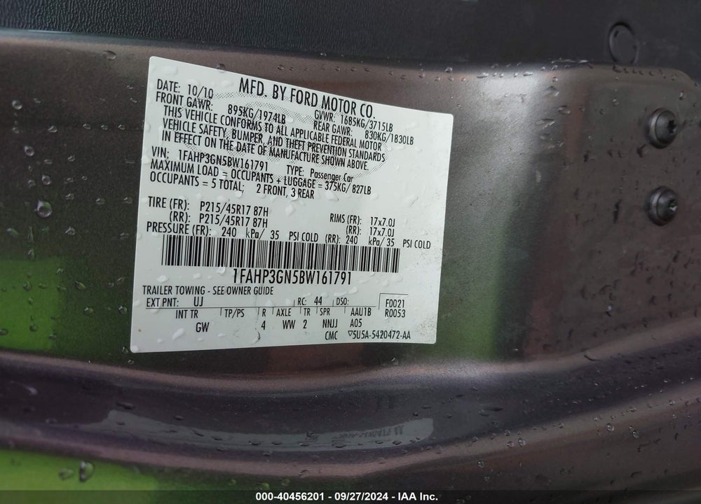 2011 FORD FOCUS SES VIN: 1FAHP3GN5BW161791