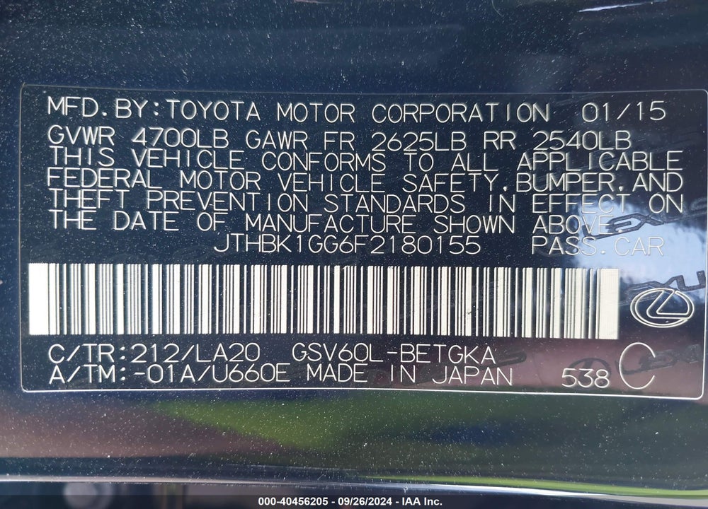 2015 LEXUS ES 350 VIN: JTHBK1GG6F2180155