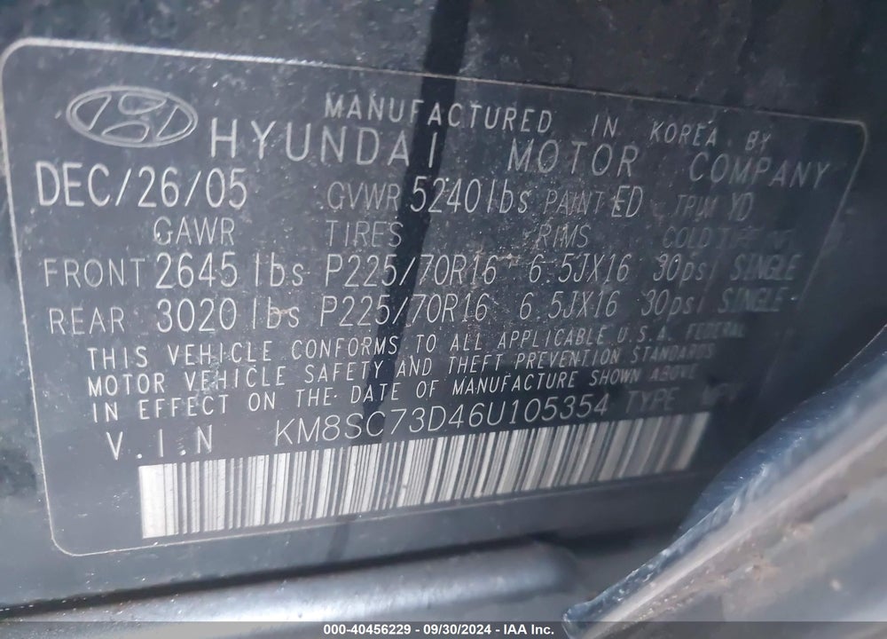 2006 HYUNDAI SANTA FE GLS VIN: KM8SC73D46U105354