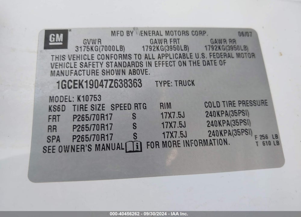2007 CHEVROLET SILVERADO 1500 LT1 VIN: 1GCEK19047Z638363