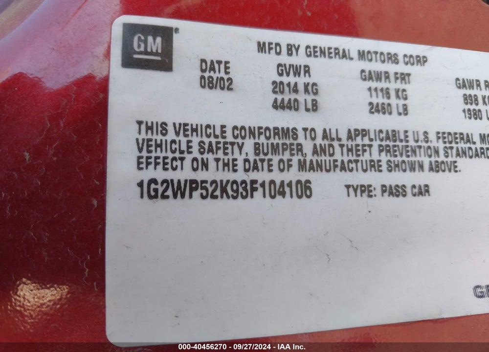 2003 PONTIAC GRAND PRIX GT VIN: 1G2WP52K93F104106