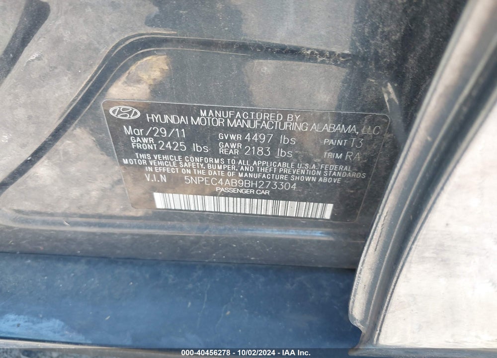 2011 HYUNDAI SONATA SE 2.0T VIN: 5NPEC4AB9BH273304