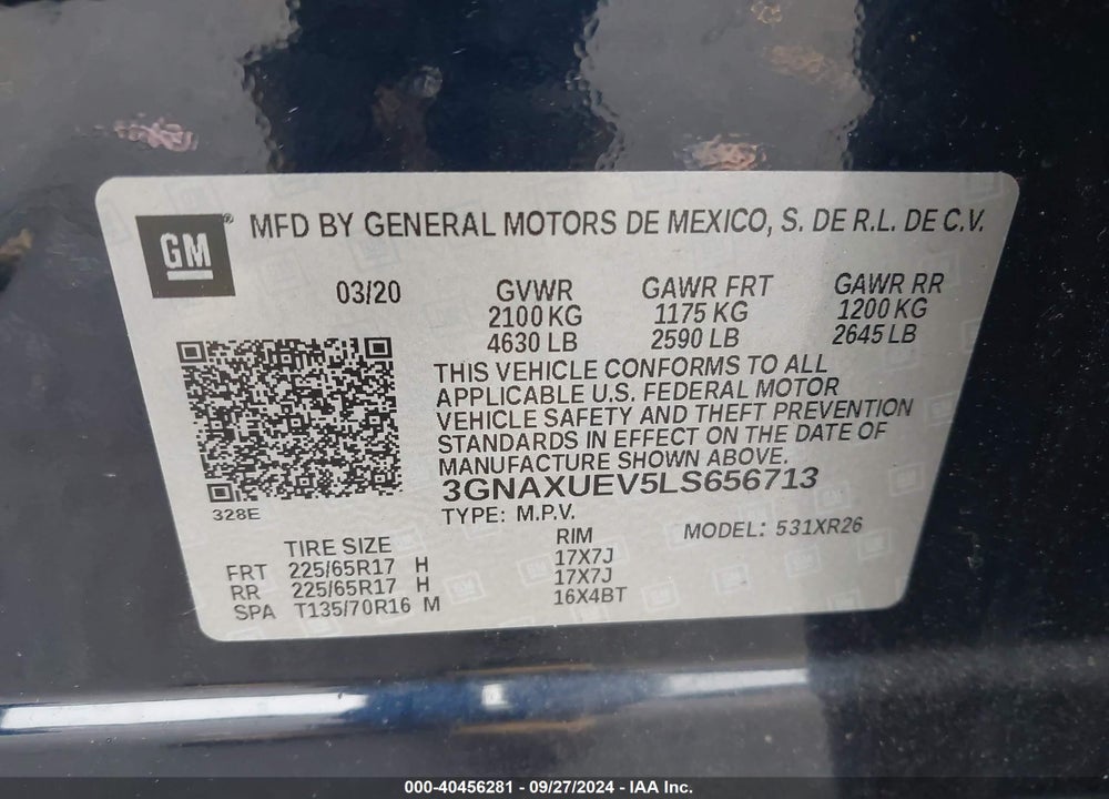 2020 CHEVROLET EQUINOX AWD LT 1.5L TURBO VIN: 3GNAXUEV5LS656713
