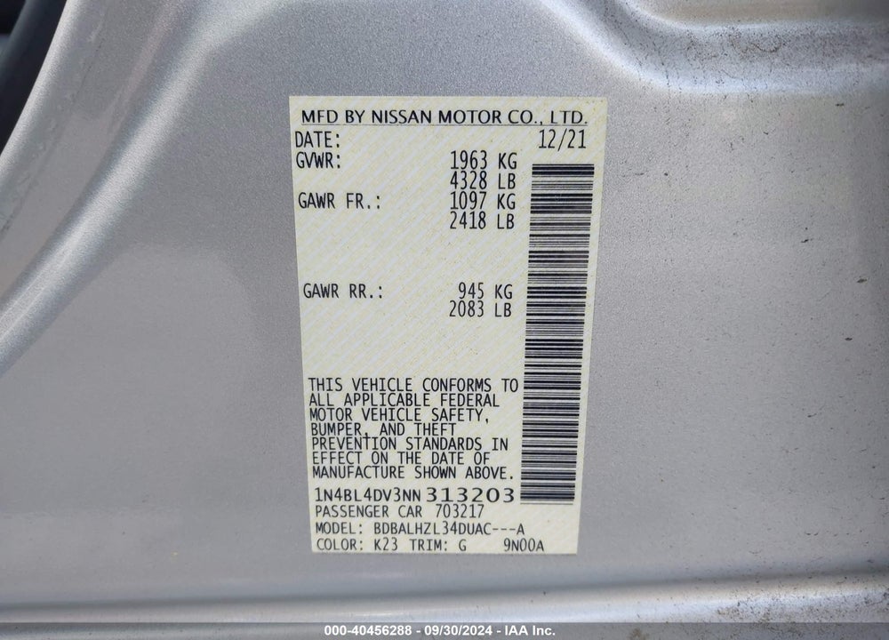 2022 NISSAN ALTIMA SV FWD VIN: 1N4BL4DV3NN313203