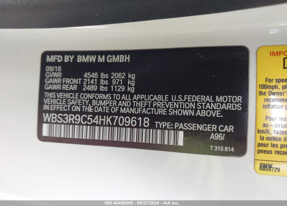 2017 BMW M4 VIN: WBS3R9C54HK709618