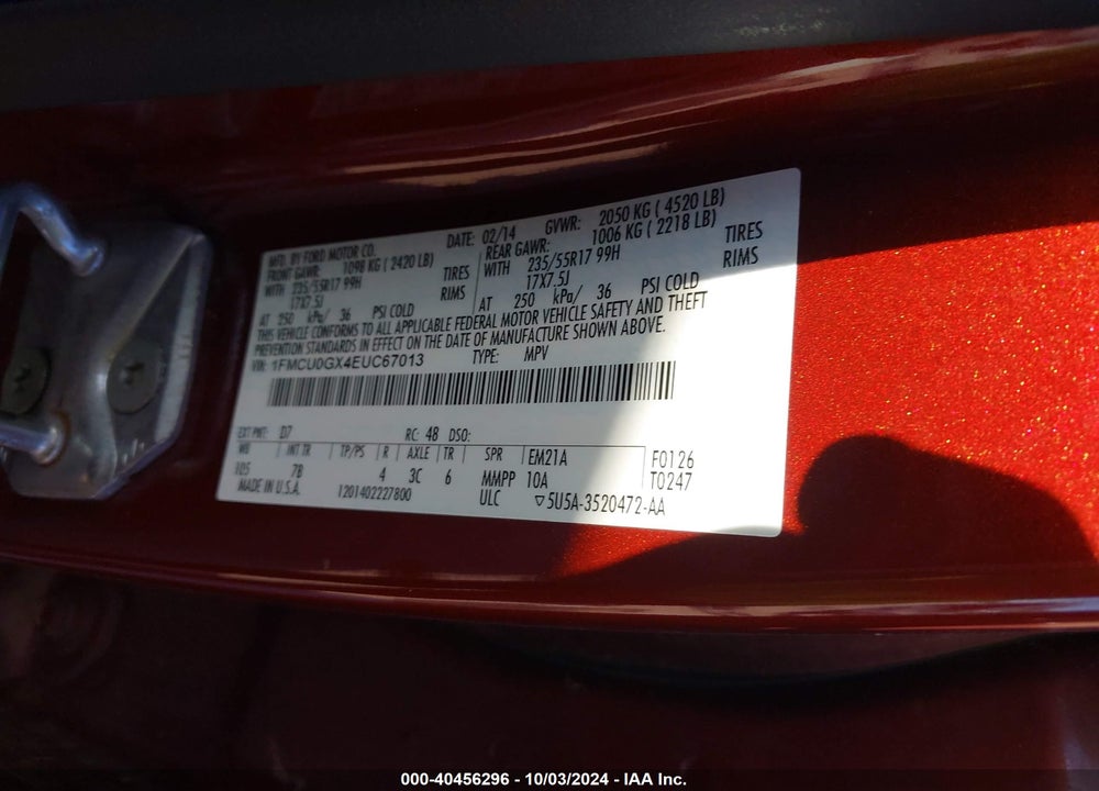 2014 FORD ESCAPE VIN: 1FMCU0GX4EUC67013