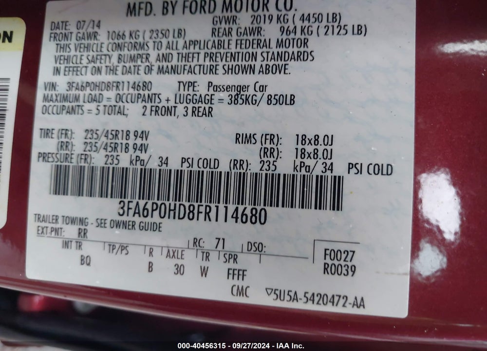 2015 FORD FUSION SE VIN: 3FA6P0HD8FR114680