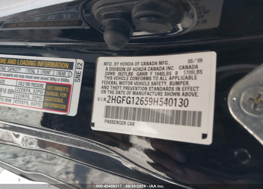 2009 HONDA CIVIC LX VIN: 2HGFG12659H540130